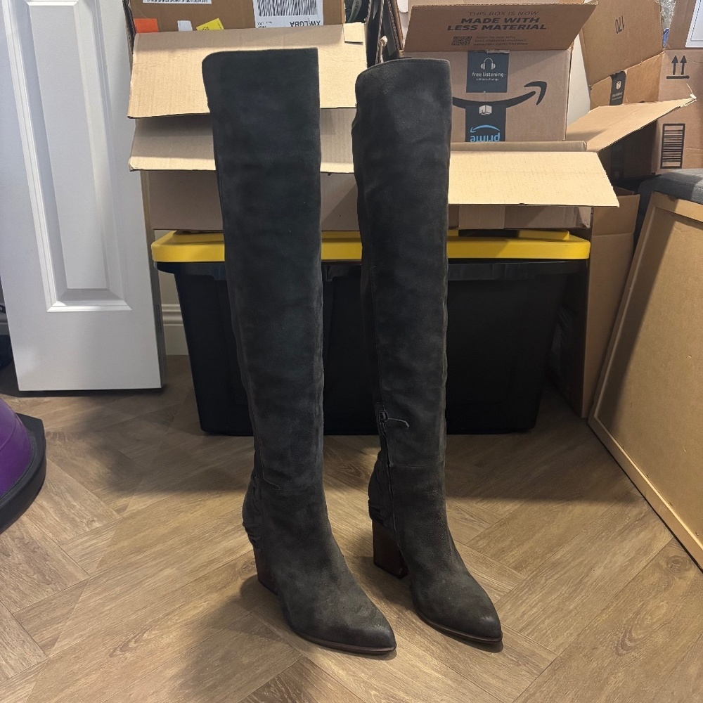 Dolce Vita Over the Knee Gray Suede Boots with Cord Detail around Heel